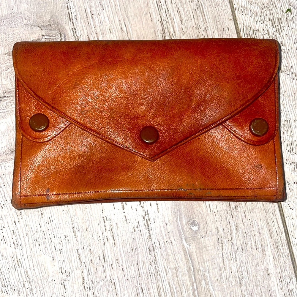 Vintage letaher button close wallet 3 folding envelope storage options 6” x3”